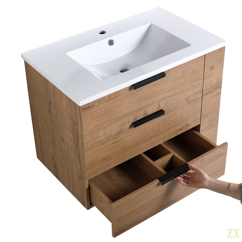 Meuble-lavabo mural 30 po avec lavabo, tiroir à fermeture en douceur et tablette latérale