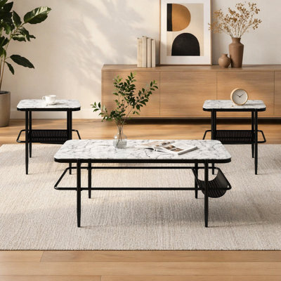 Ensemble de 3 tables d'appoint élégantes avec plateau en verre trempé et plateau de table en marbre blanc