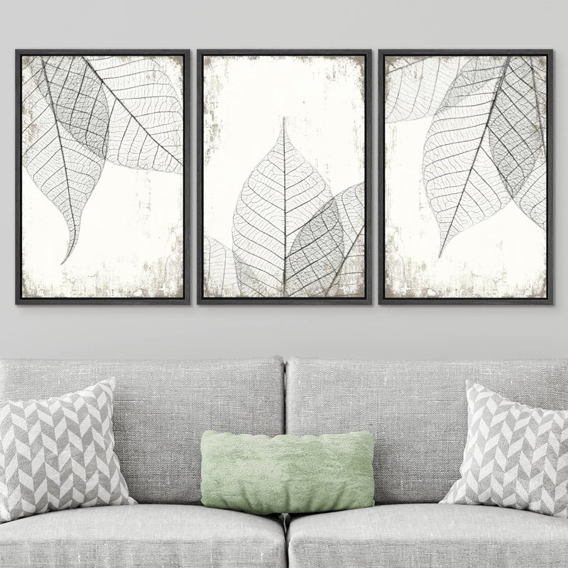Collage de feuilles transparentes noires et blanches encadrées sur toile, 3 pièces, H 24 po x l 48 po x P 1,5 po, Noir