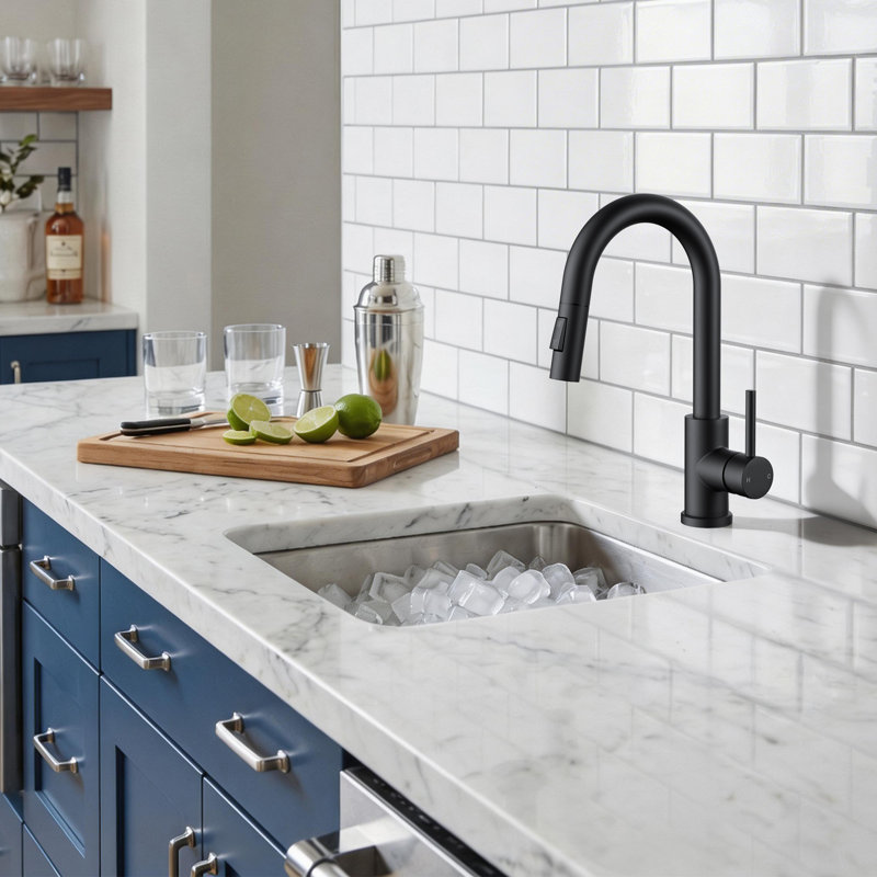 Robinet de bar pour évier de cuisine, robinet de cuisine moderne à poignée simple avec douchette rétractable, Noir mat