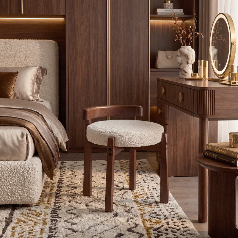 Upholstered Accent Stool With Low Back, Modern Vanity Chair For Bedroom/Living Room, White/Walnut Teddy