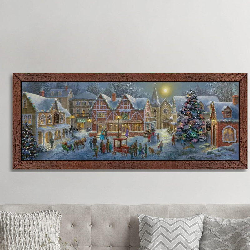 Christmas Village by Nicky Boehme - Panoramic Painting on Canvas, 152.4 cm H x 50.8 cm W, Brown Framed