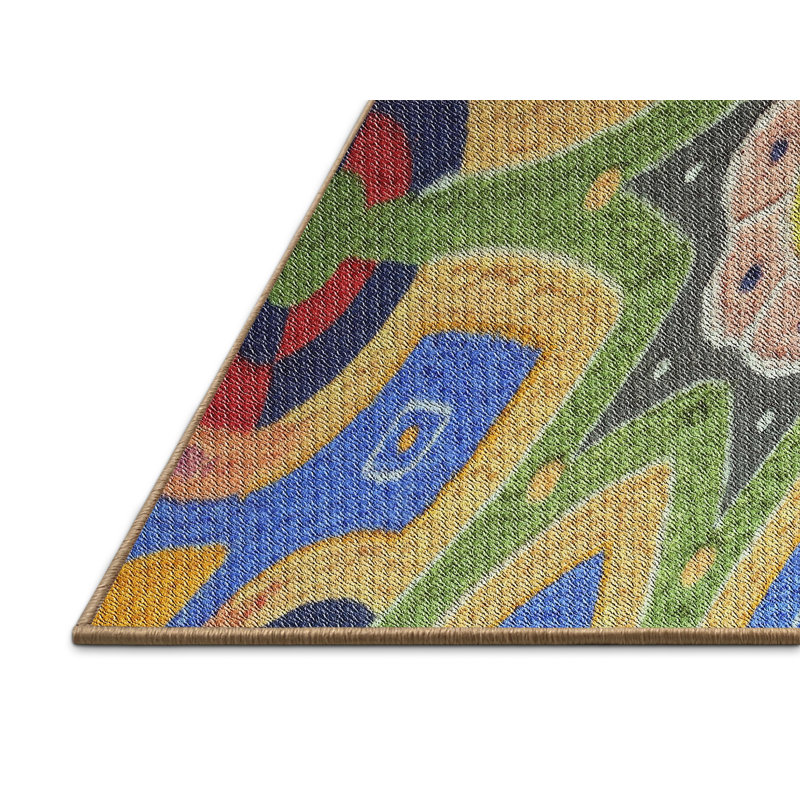 Tapis vert/bleu/jaune tissé à la machine, Rectangle 7 pi x 9 pi