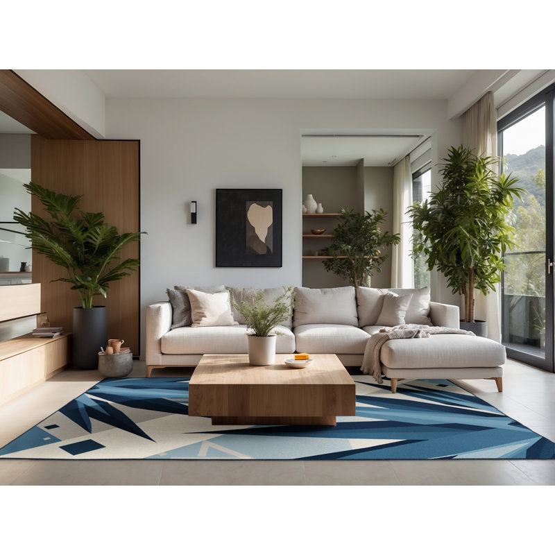 Tapis moelleux moelleux à motif géométrique moderne et contemporain en agave bleu beige, 2x5