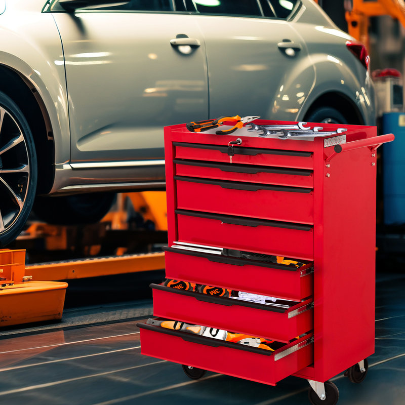 Armoire 7 outils à roulettes - Boîte en métal de grande capacité avec serrure pour atelier, atelier
