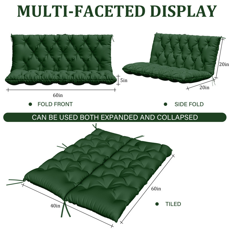 Coussin d'extérieur imperméable pour banc de jardin, Vert, L 60 po x P 40 po