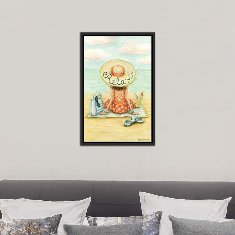 «Relaxing on Beach Relax Hat» par Bella Pilar, impression, H 26 po x l 18 po x P 1,5 po, Toile avec cadre noir patiné