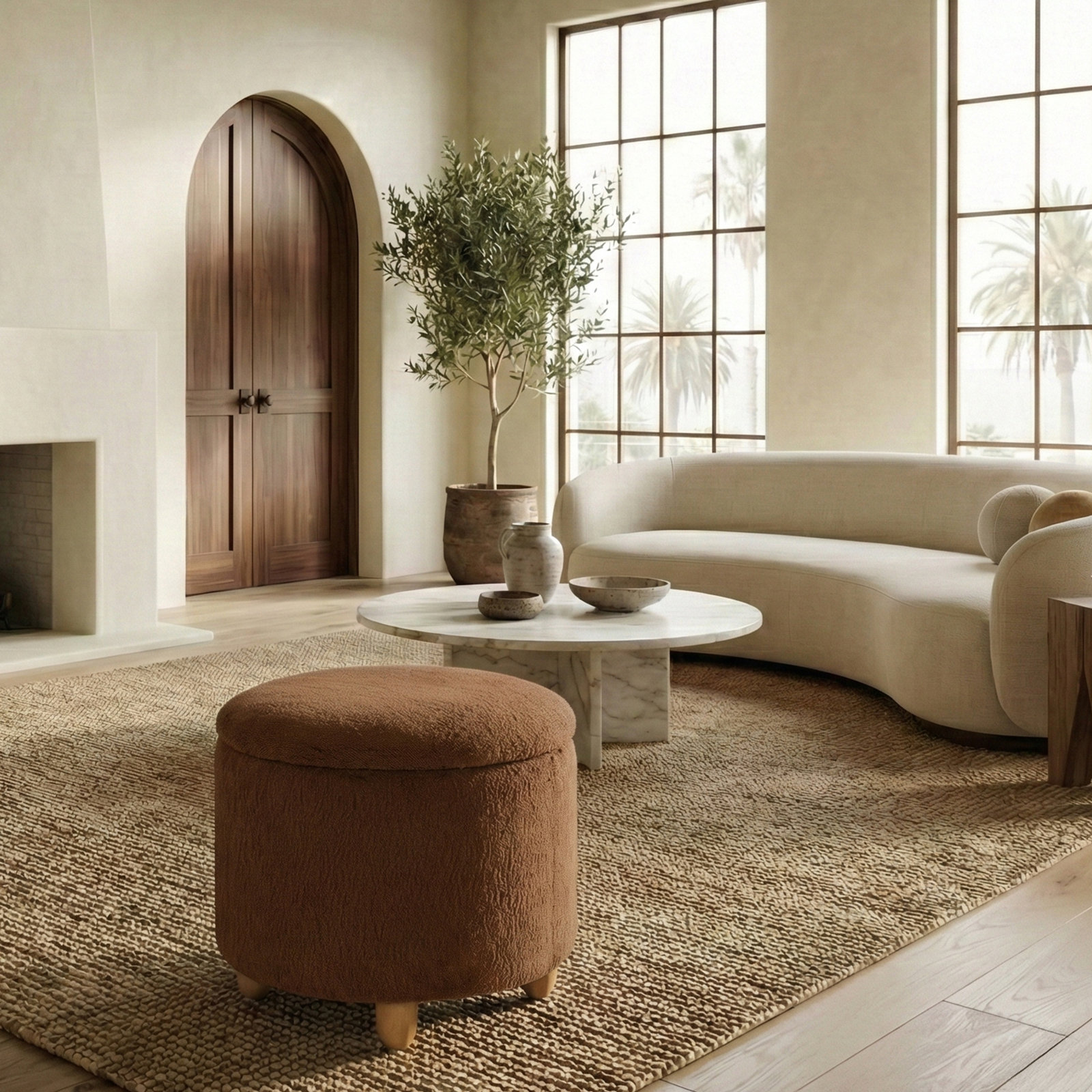 Mancora 21" Ottoman, Rust Faux Shearling