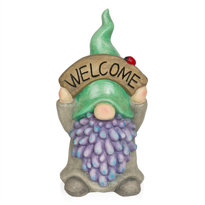 15"H Gnome with Green Hat Holding Welcome Sign for Garden, Patio & Pathway