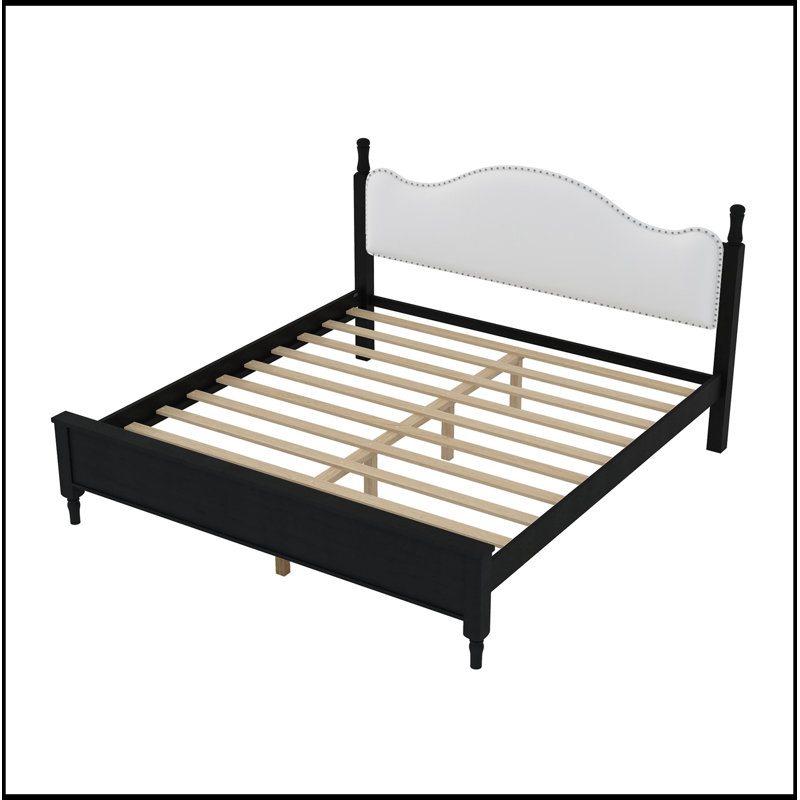 Lit plateforme très grand en bois Geib avec tête de lit tapissier, Black+White
