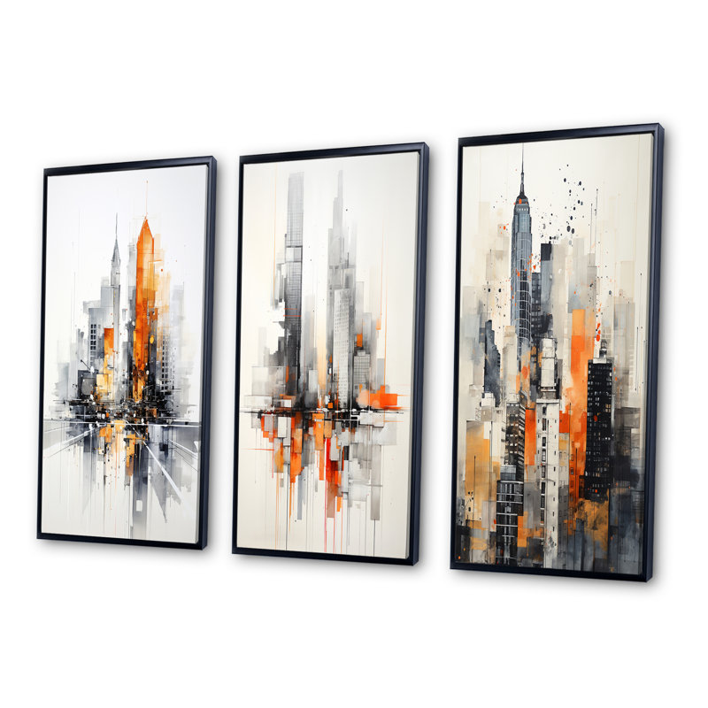 " Orange Gray Minimalism Urban Rhythm " 3 - Pieces, Black Floater Framed, 40" H x 60" W