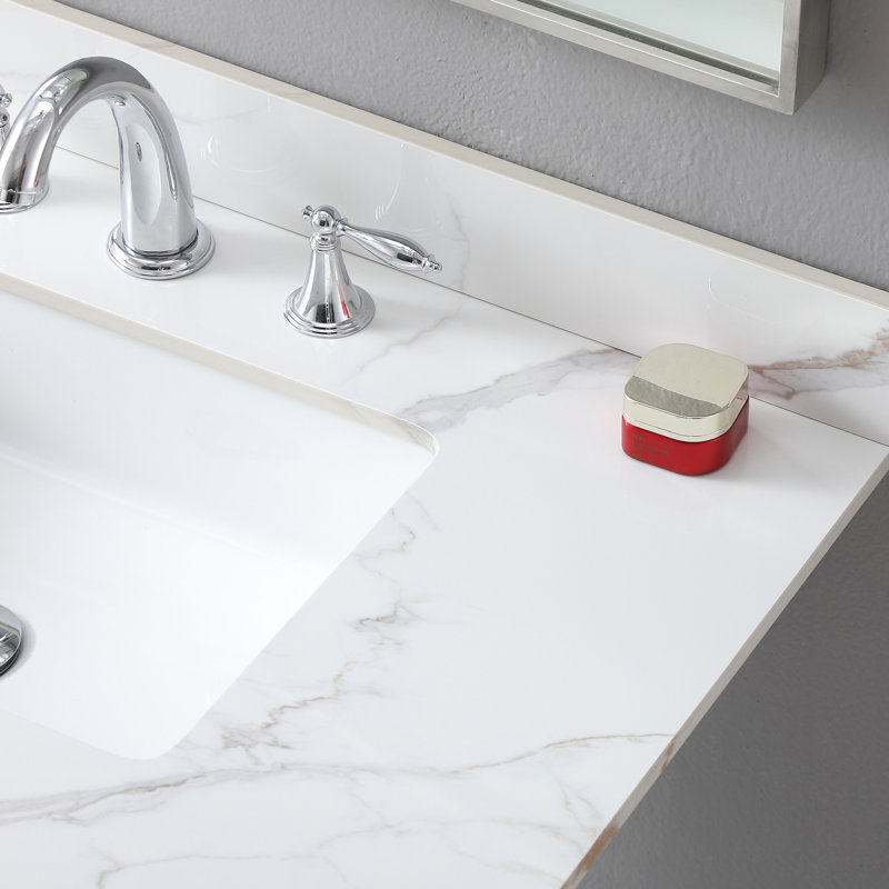Comptoir de meuble-lavabo en pierre frittée 37 po, lavabo rectangulaire encastré en céramique, 3 trous de robinet, avec dosseret inclus