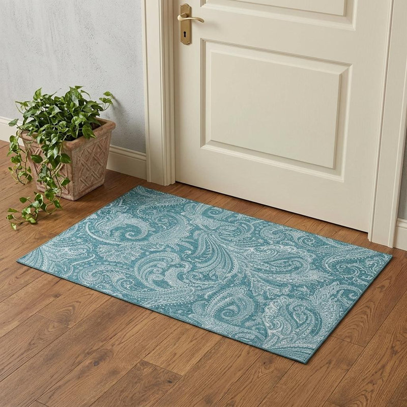 3' X 5' Turquoise And Ivory Paisley Washable Area Rug With UV Protection