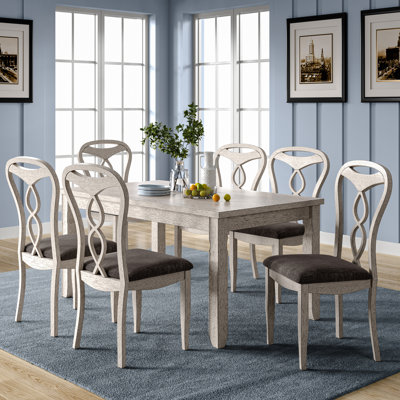 7 Piece Rectangular Dining Table Set for 6, Solid Wood Kitchen Table and 6 High Back Upholstered Chairs with Solid Rubberwood Legs, Mid-Century Modern