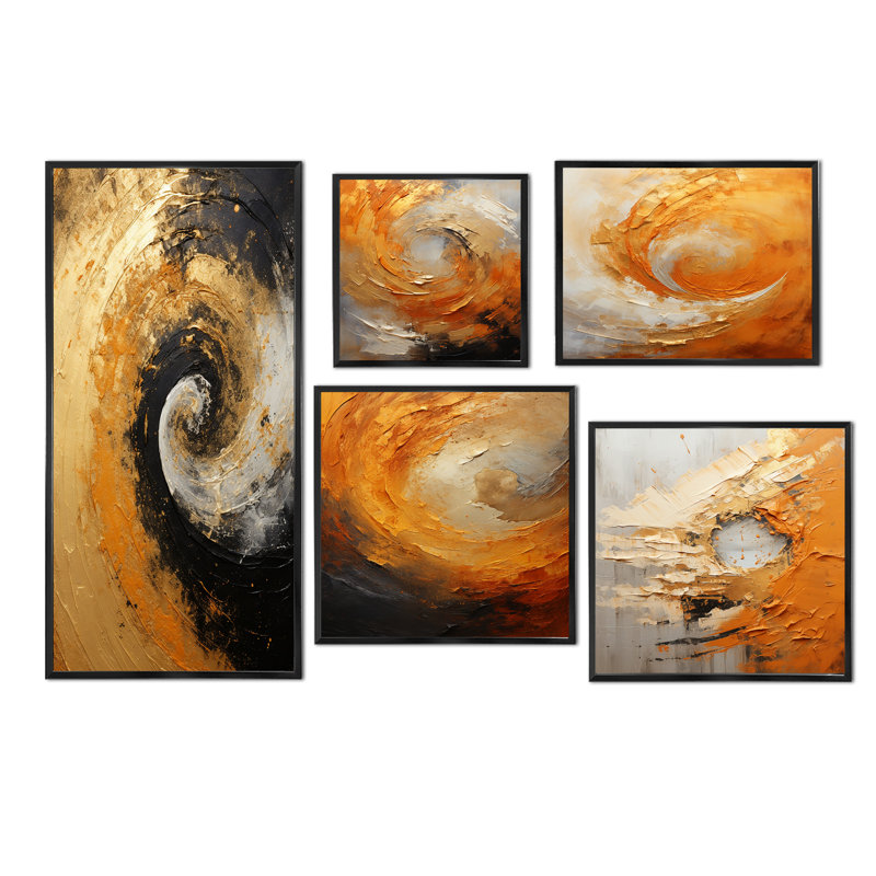 Or noir, mirage du désert, spirale I - ensemble de 5 impressions sur toile, Cadre flottant noir