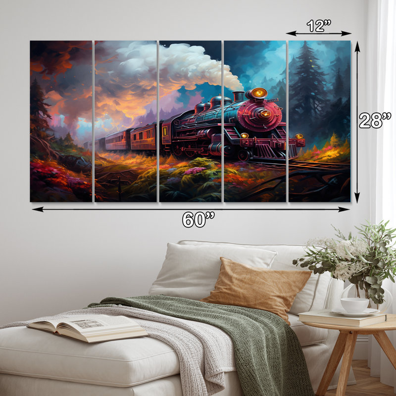 «Steamtrain Travelling In The Sunset», reproduction d'art mural - 5 panneaux égaux