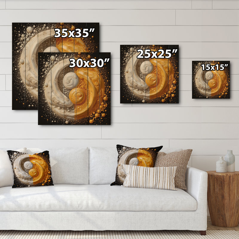 Jamerria blanc jaune Yin et Yang sur bois, H 35 po x l 35 po x P 0,78 po