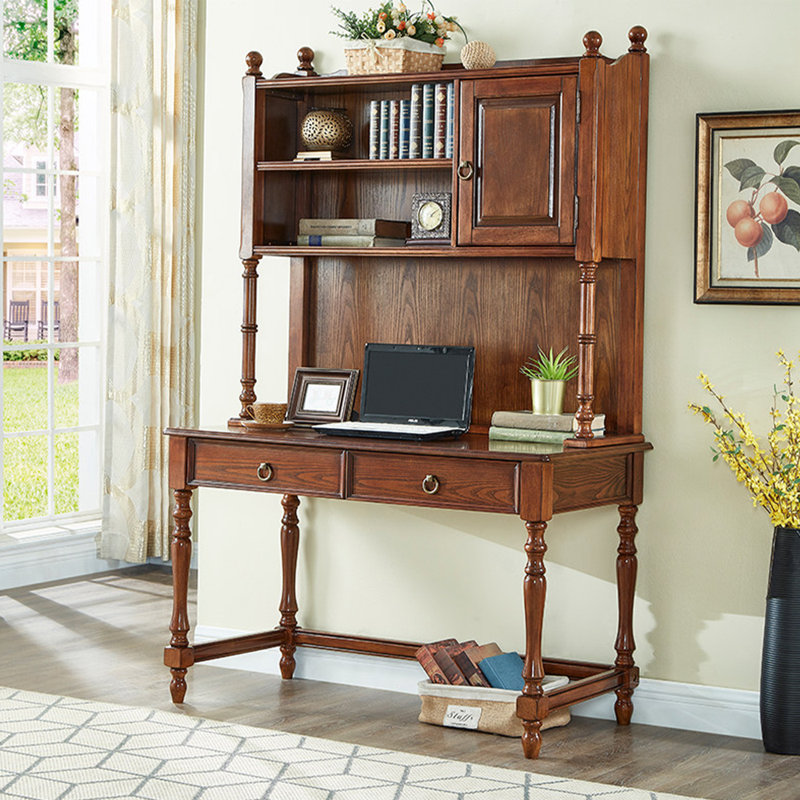 Bureau traditionnel en bois massif avec huche, finition noyer rétro, bureau multi-rangement