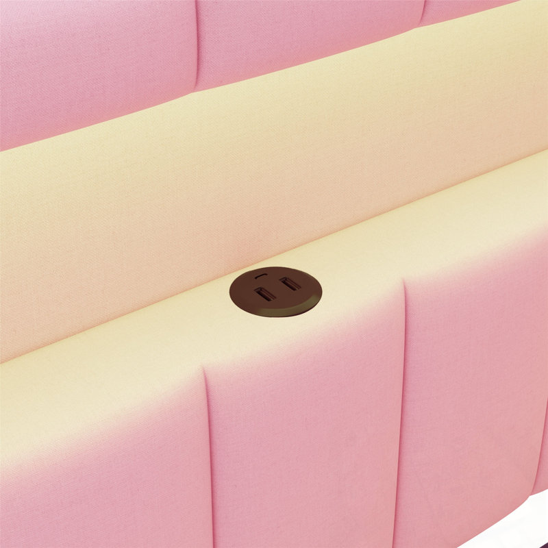 Upholstered Full Size Platform Bed with USB Ports, LED Belt and Trundle, Pink