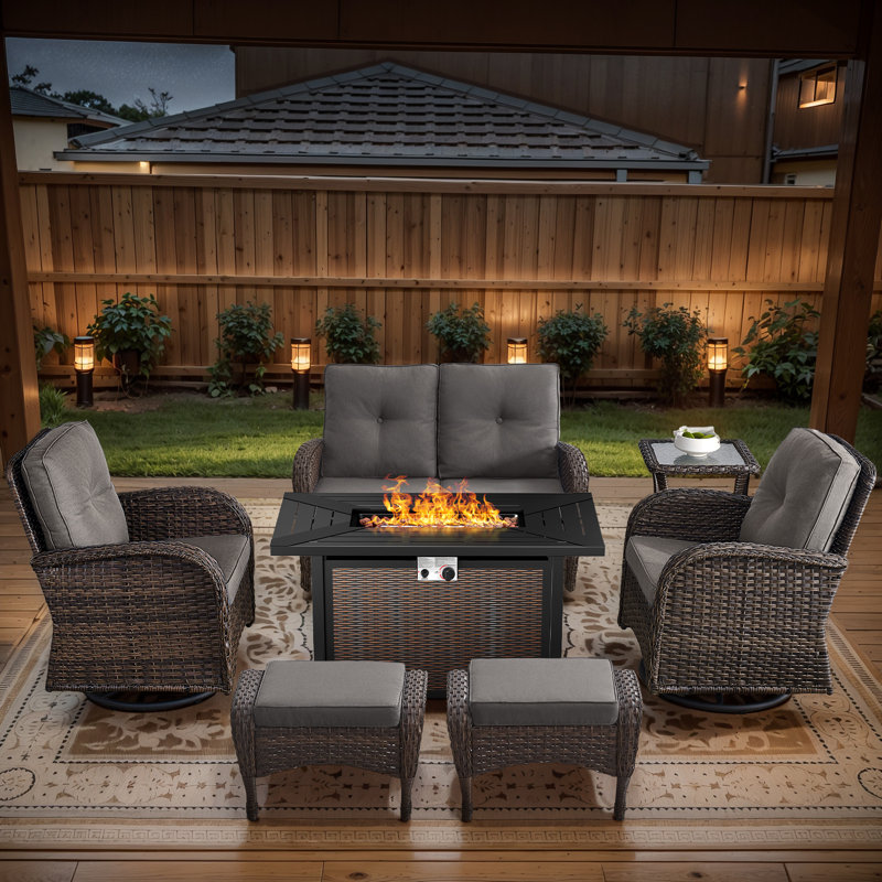 Aluel 7-Pieces Outdoor Patio Wicker Seating Group With Swivel & Rocking Chairs,Ottomans And Cushions, Gray
