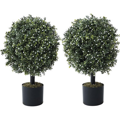 24-Inch Artificial Boxwood Topiary Ball Tree Set w/ Dried Moss, UV Resistant, Three Style Available