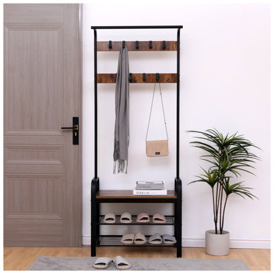 Rustic Brown Entryway Hall Tree with Shoe Bench and 9 Removable Hooks, 4-in-1 Coat Rack Stand with Hanging Rod, MDF and Metal Frame, 28" W x 15" D x 71" H