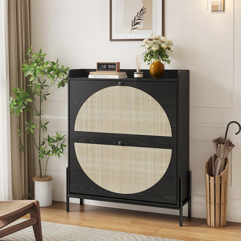 2-Drawer Wooden Shoe Cabinet with Rattan Doors, Narrow Freestanding Storage Organizer for Entryway, Space-Saving and Stylish