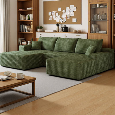 Ridge Boneless 107" U-Shaped Cloud Sectional Sofa with Ottoman and Left Chaise, Plush Corduroy Fabric Deep Seat Corner Couch, Modern 4-Seat Sofa for Living Room, No Assembly Required