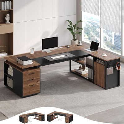 Bureau de direction 71 po avec classeur verrouillable, bureau en L avec prises de courant, bureau d'ordinateur réversible avec écran d'intimité et tiroirs, noyer