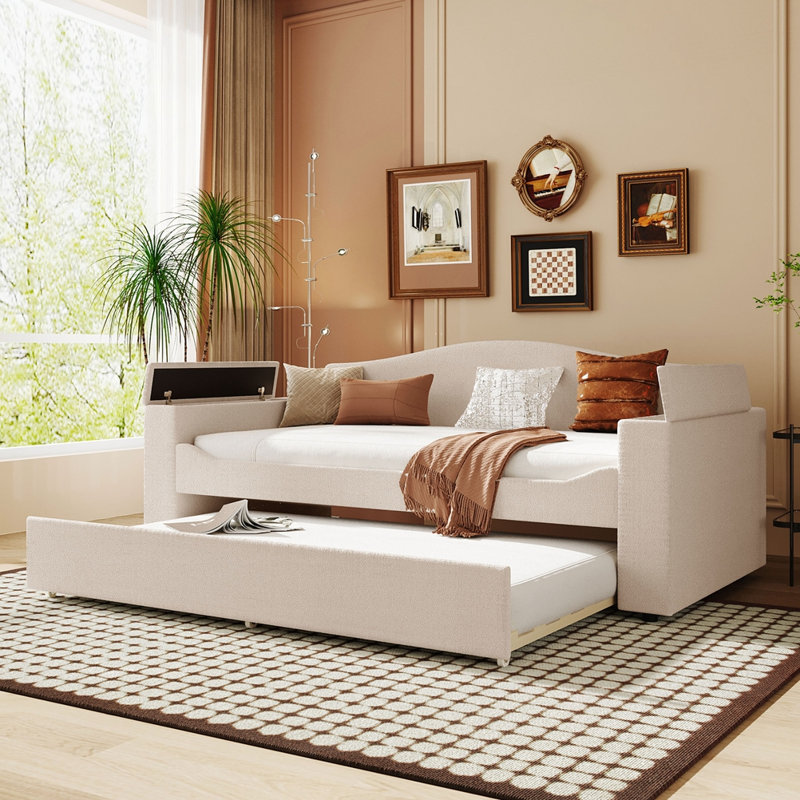Lit de jour rembourré avec couchette, Beige, Lit simple