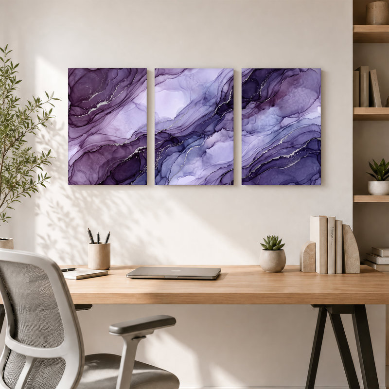 Encre mauve et argentée, ensemble abstrait de 3 toiles, H 30 po x l 20 po x 3 pièces