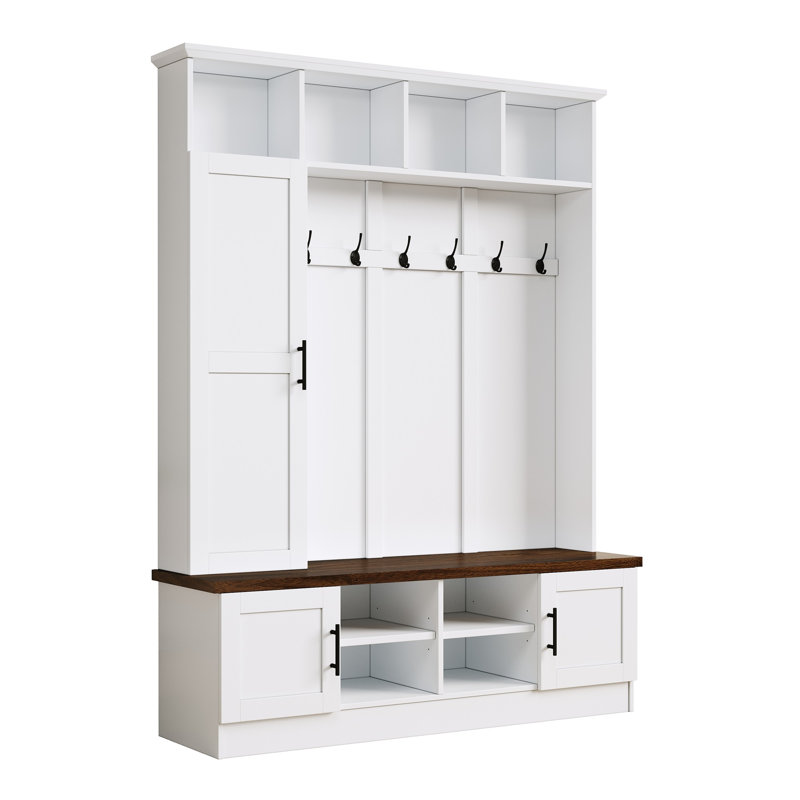 5-in-1 Farmhouse Hall Tree with Storage Bench, Cabinets, Drawers & Hooks – Extra-Large Side Storage, Black