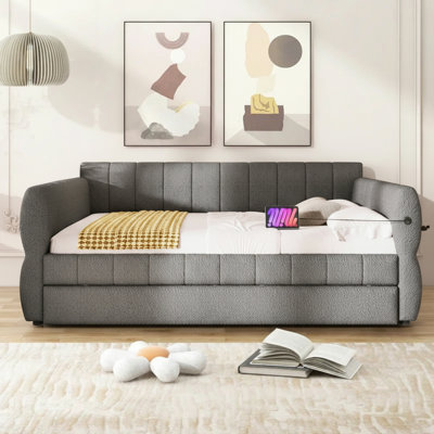 Queen Size Upholstered Platform Bed with Trundle Bed