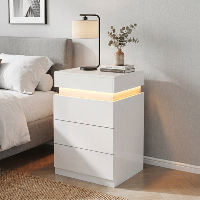 3-Drawer Nightstand with Sliding-Top,Built-In Charging Station and LED Lighting