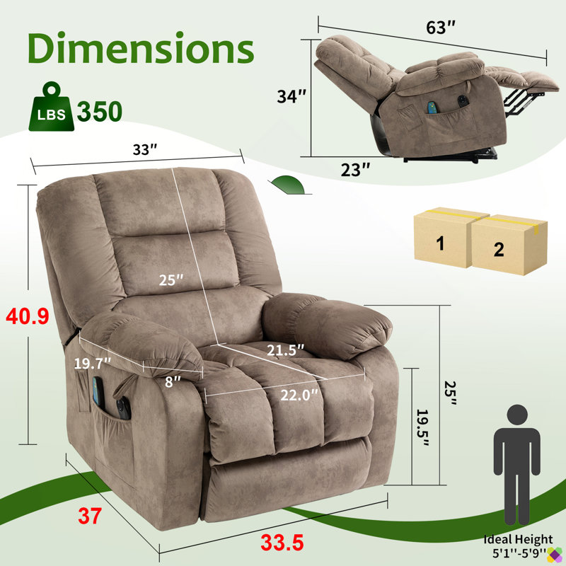 Karelin 33.5"W Velvet Heater Massage Lift Chair Power Recliner, Brown