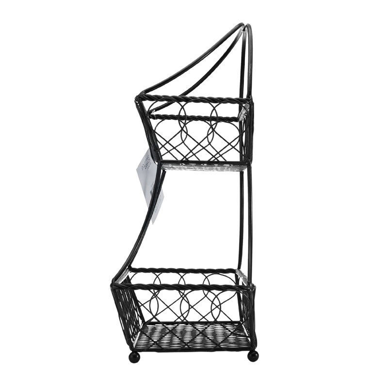 Antique Black 2-Tier Metal Fruit Basket with Lattice Design