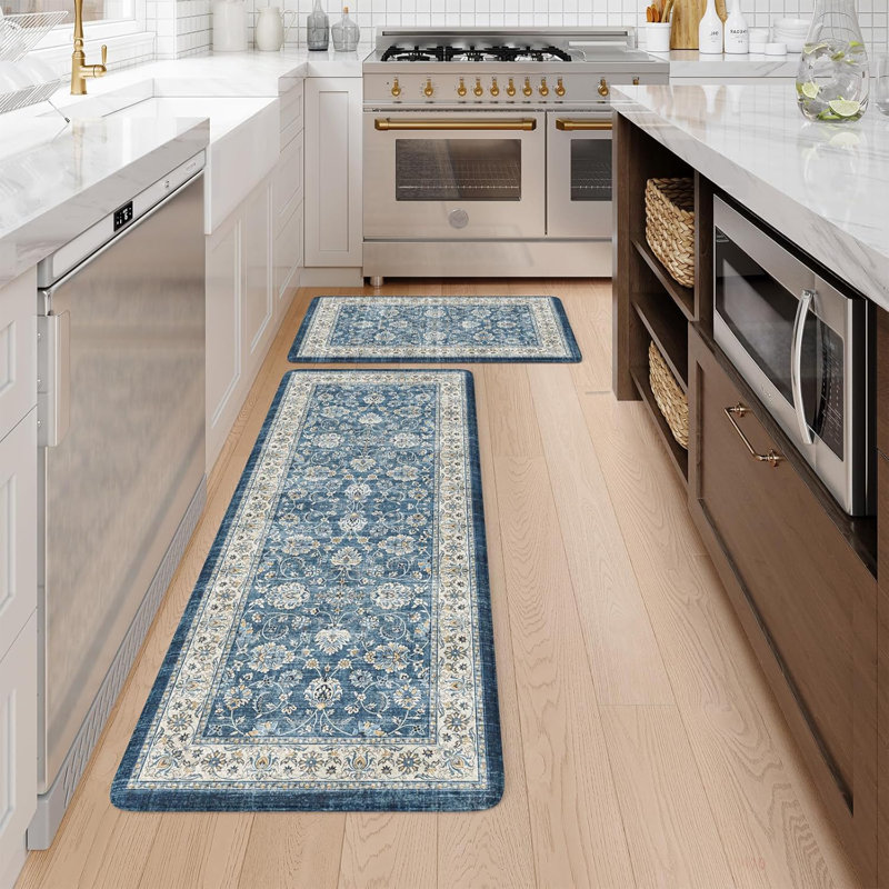 Boho Vintage Kitchen Rugs Sets of 2 Comfort Standing Mat, Blue, 119cm L x 50.8cm W