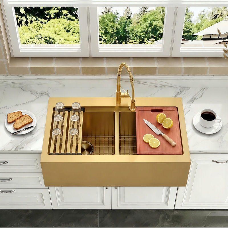 36‘’ L x 22'' W Gold Farmhouse 50/50 Double Bowl Stainless Steel Kitchen Sink with Accessories, Gold