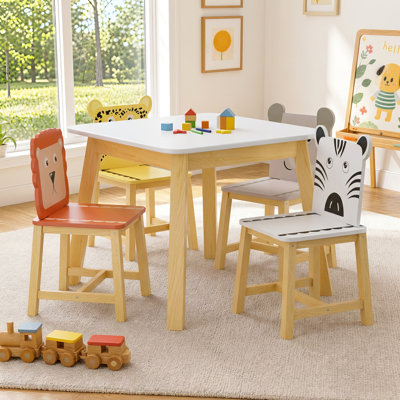 Ensemble de table et 4 chaises pour enfants, table et chaises en bois pour tout-petits avec dossier à motifs animaux, table de jeu pour dessiner, lire, prendre le goûter, salle de jeux, chambre d'enfant