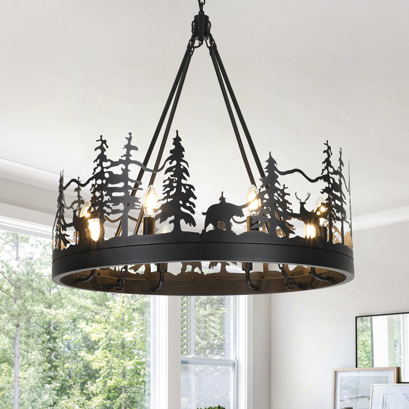 Lustre rustique à roulettes de style ambiant, Noir mat, H 59 po x l 29,9 po x P 29,9 po, 8 lumières