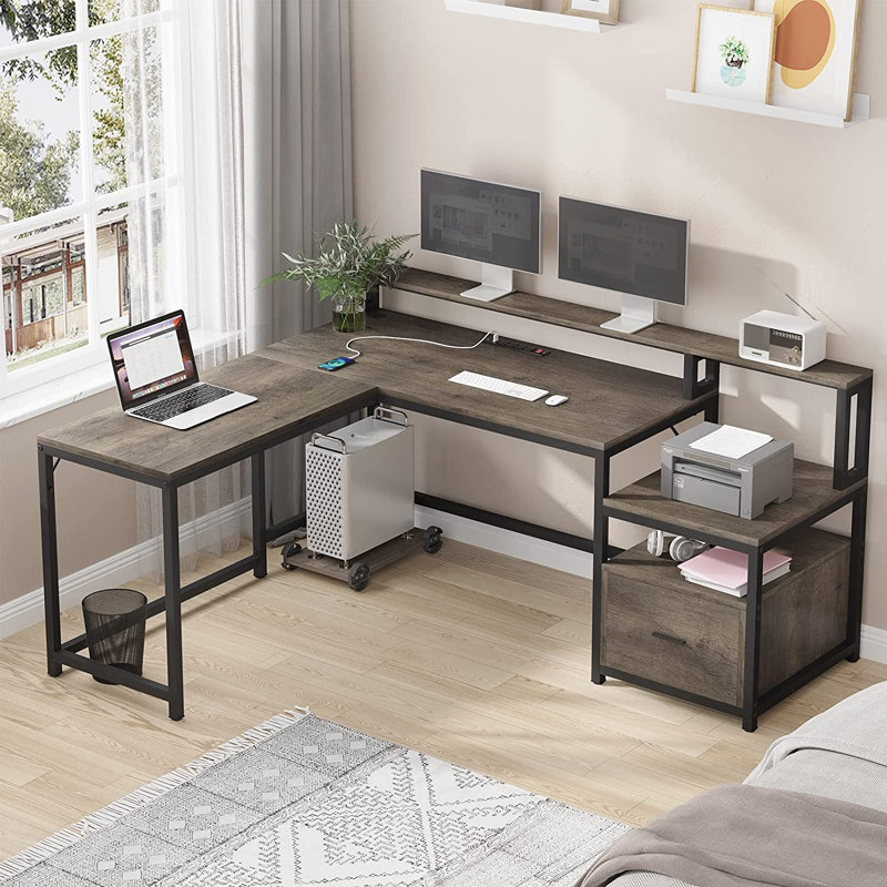 Ilana L-Shaped Computer Desk with Power Outlet, Oak
