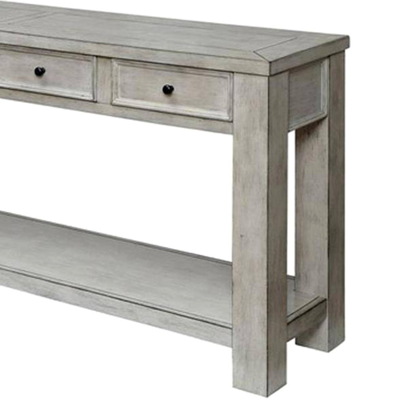 Table de canapé avec table de rangement en bois massif rustique blanc antique et tablette ouverte.