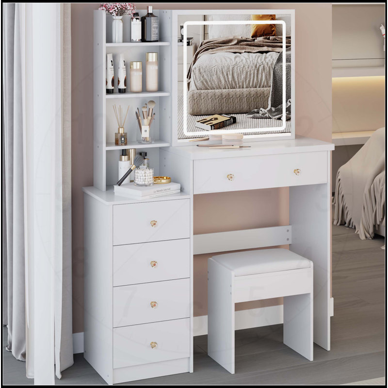Versatile Bedside Cabinet with Advanced LED Mirror and Ample Storage, White