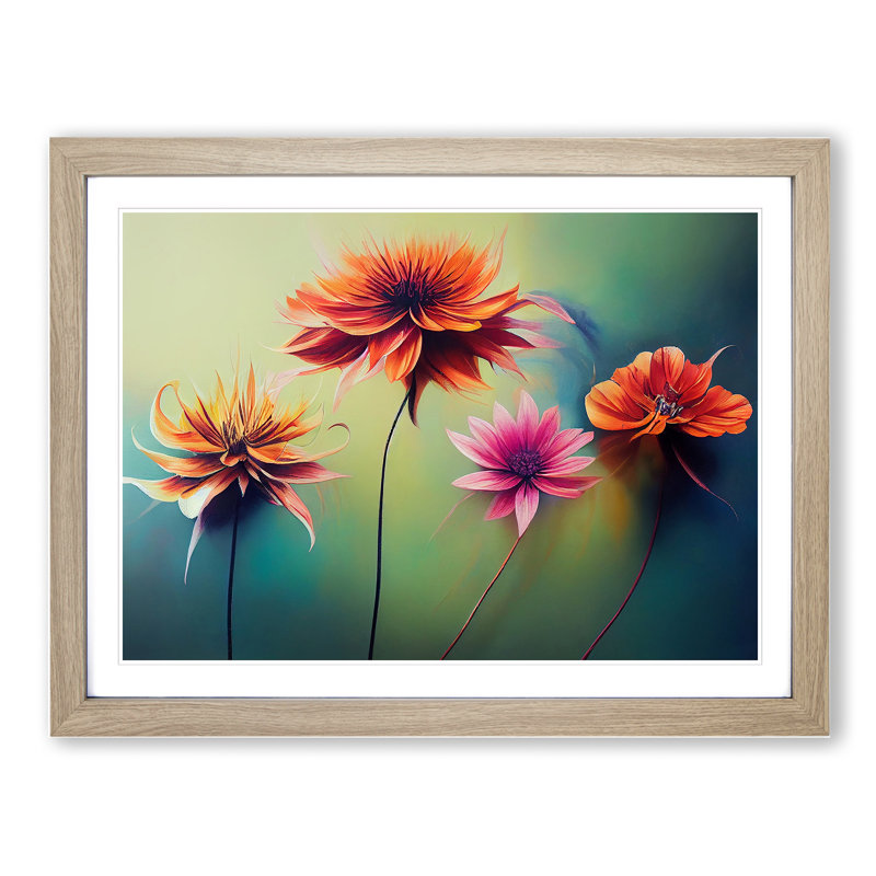 Intriguing Modern Flowers - Framed Print, 25cm H x 34cm W x 2cm D, Oak