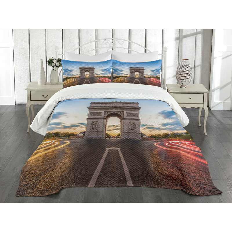 Ambesonne Paris Bedspread Set Famous Champs Elysees Multicolor, King Coverlet/Bedspread + 2 Standard Shams