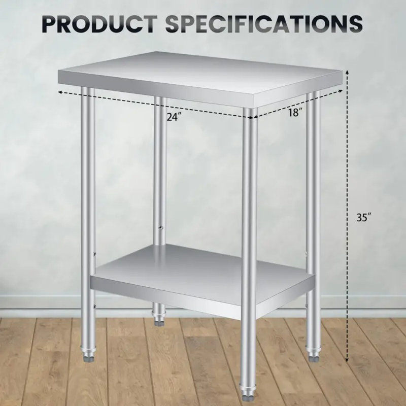 Table de travail en acier inoxydable, poste de préparation 24 po x 18 po avec tablette réglable, table de préparation en métal à 2 niveaux pour cuisine commerciale, garage