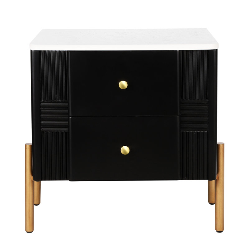 Table de chevet cannelée noire avec poignées dorées, 2 tiroirs, surface facile à nettoyer, parfaite pour la décoration intérieure dans des glissières de tiroir de haute qualité à petits boutons et un espace multifonctionnel