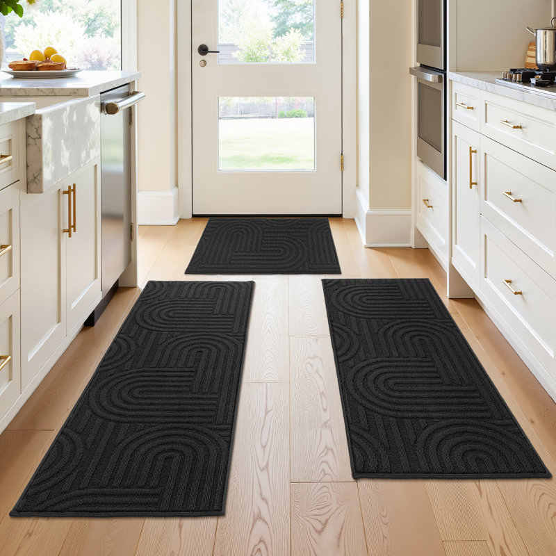 Wear-Resistant Kitchen Mat Runner Rug(Set of 3), Black