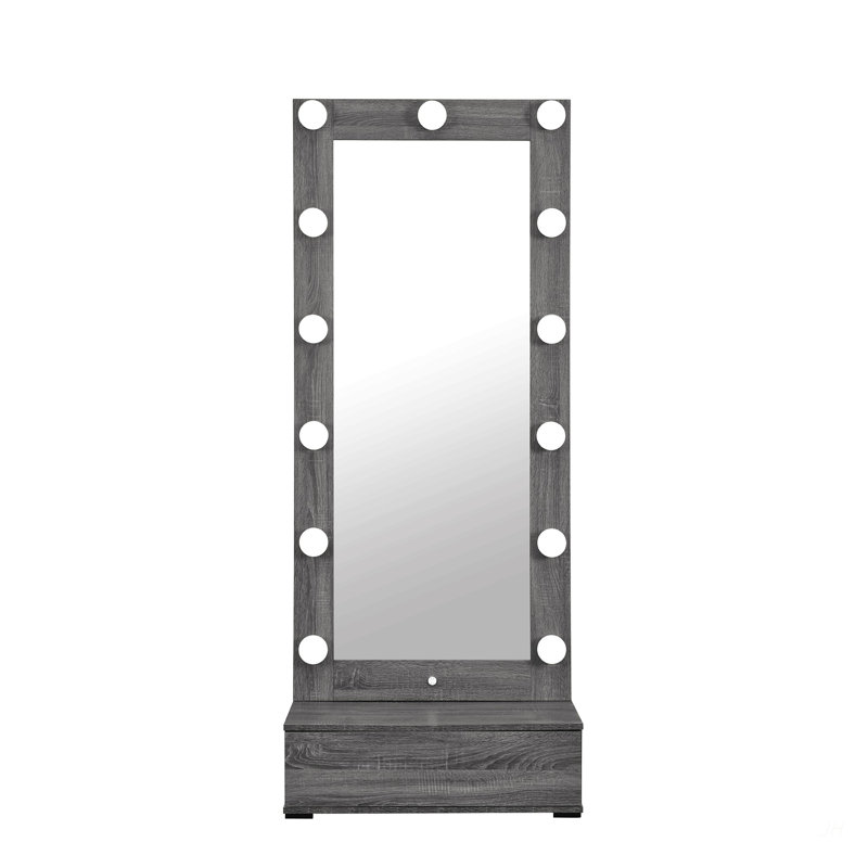 Miroir sur pied pleine longueur avec lumières DEL entourant, tiroir de rangement intégré, Gris