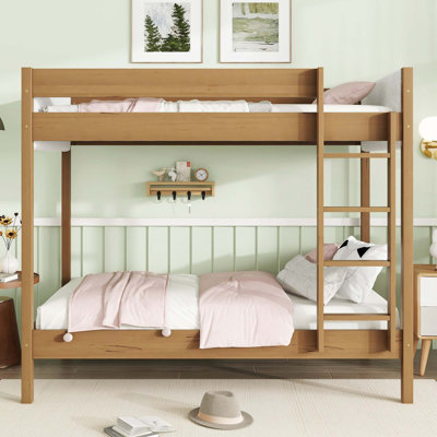 Lit mezzanine simple avec bureau, structure de lit mezzanine rembourrée avec échelle, barrières de sécurité, bois d'hévéa, tête / pied de lit en tissu molletonné